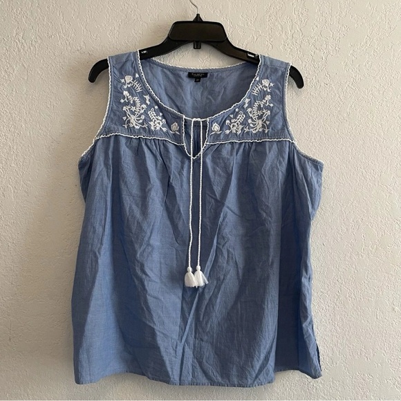 TALBOTS Tank Top  SMALL Chambray Embroidered Tassel Tie Popover Shell Cotton - Picture 5 of 6